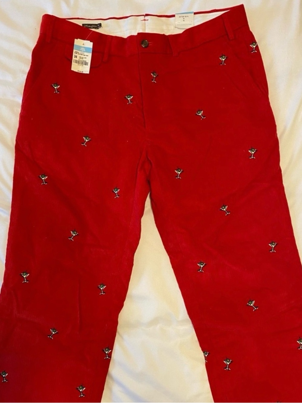 J. McLaughlin Red Corduroy Pants with Embroidered Cocktail Motifs